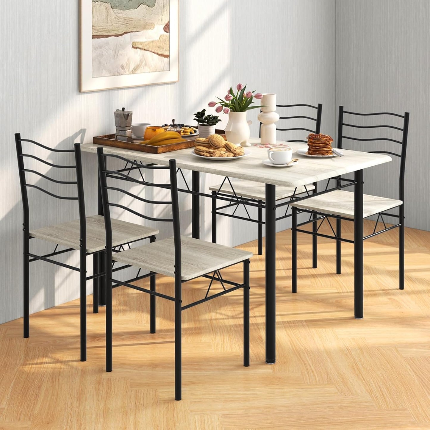 Dining Table Set for 4, 5-Piece Kitchen Table Chairs Set of 4, Breakfast Nook with Kitchen Table, 4 Dining Chairs, Metal Frame, Space-Saving Dinette Table Set for 4, Small Space, Apartment