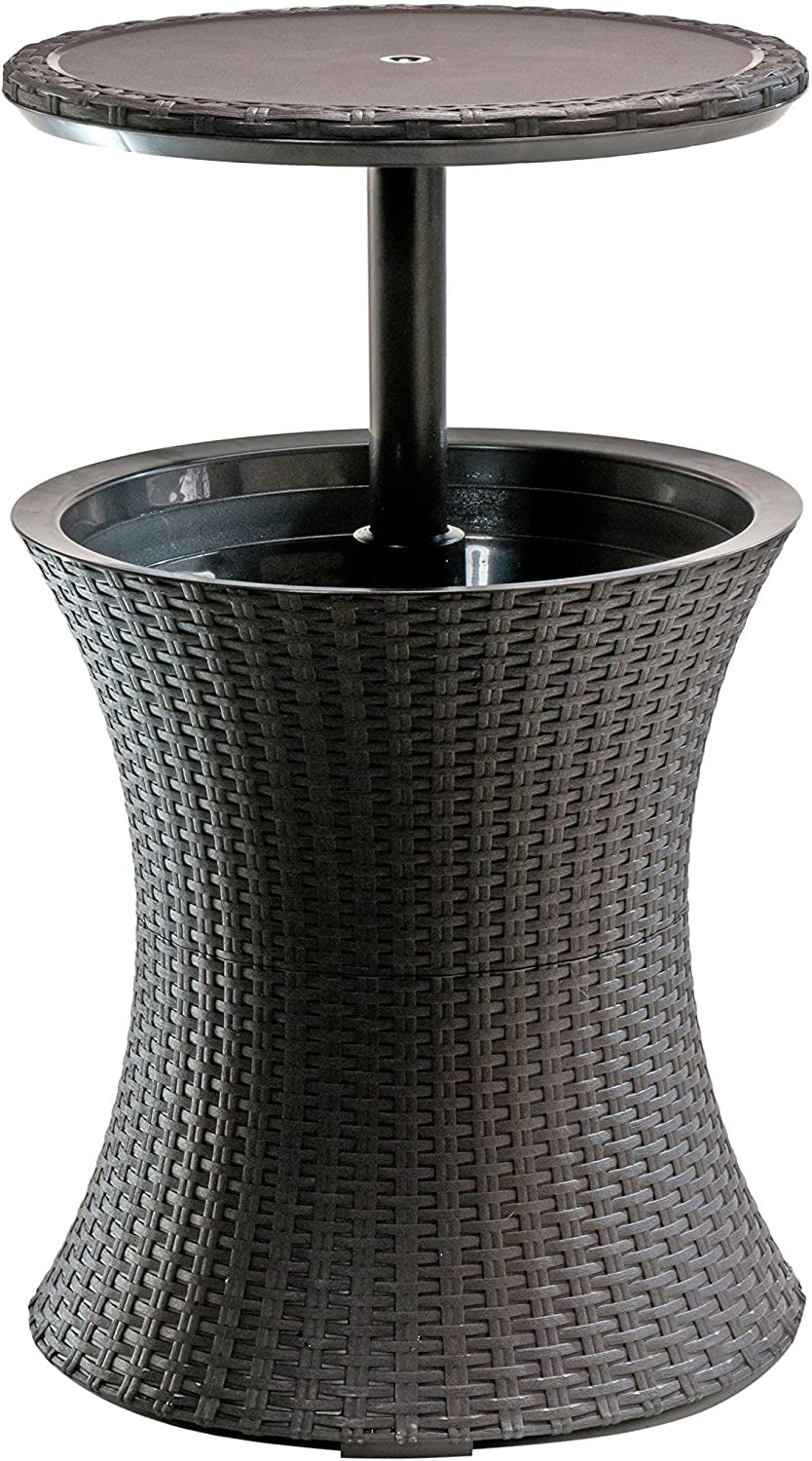 Pacific Cool Bar in espresso brown with pop-up table and hidden 7.5-gallon cooler, ideal for outdoor patio use.