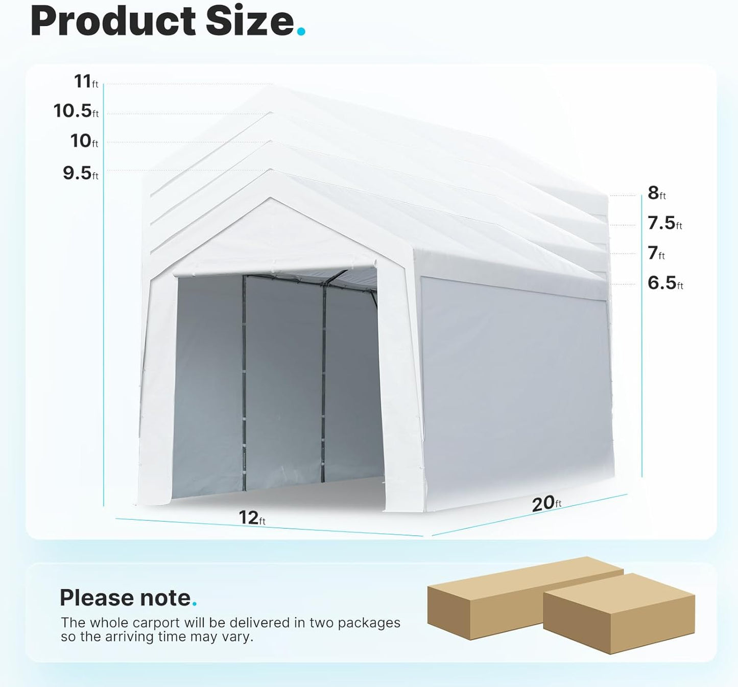 12X20 Ft Canopy Garage Heavy Duty Carport Car Boat Shelter Party Tent, Adjustable Peak Height from 9.5Ft to 11Ft, with Removable Sidewalls and Doors, White