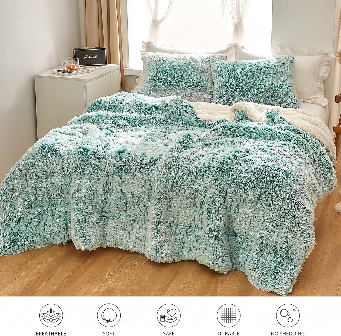 3-Piece Plush Shaggy Comforter Set, King Size Luxury Faux Fur Sherpa Reversible Bedding Comforter Set, Ultra Cozy Warm Fluffy Bedding Set for Winter (Aqua Green N White, 100X88 Inches)