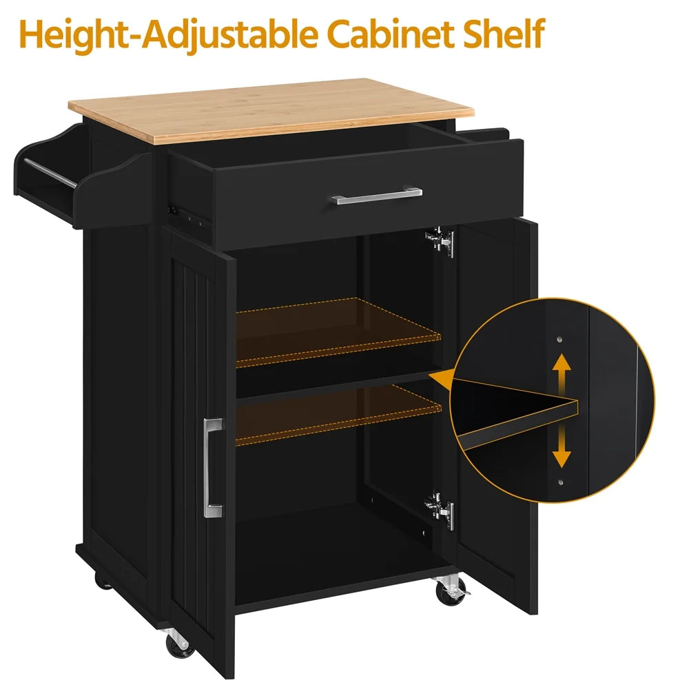 Rolling Kitchen Storage Carts with Towel Rack, MDF Black, 23.6 In