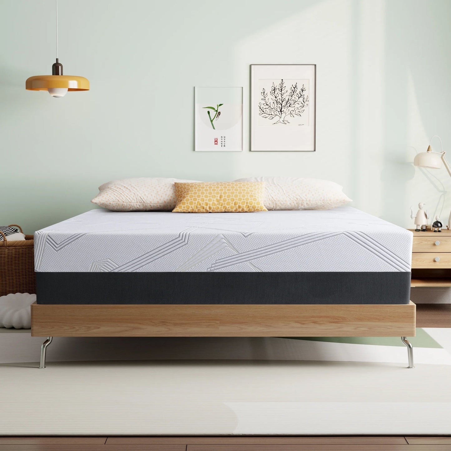 Queen mattress on bed frame with pillows, 8" medium gel memory foam design, ideal for comfort and support.