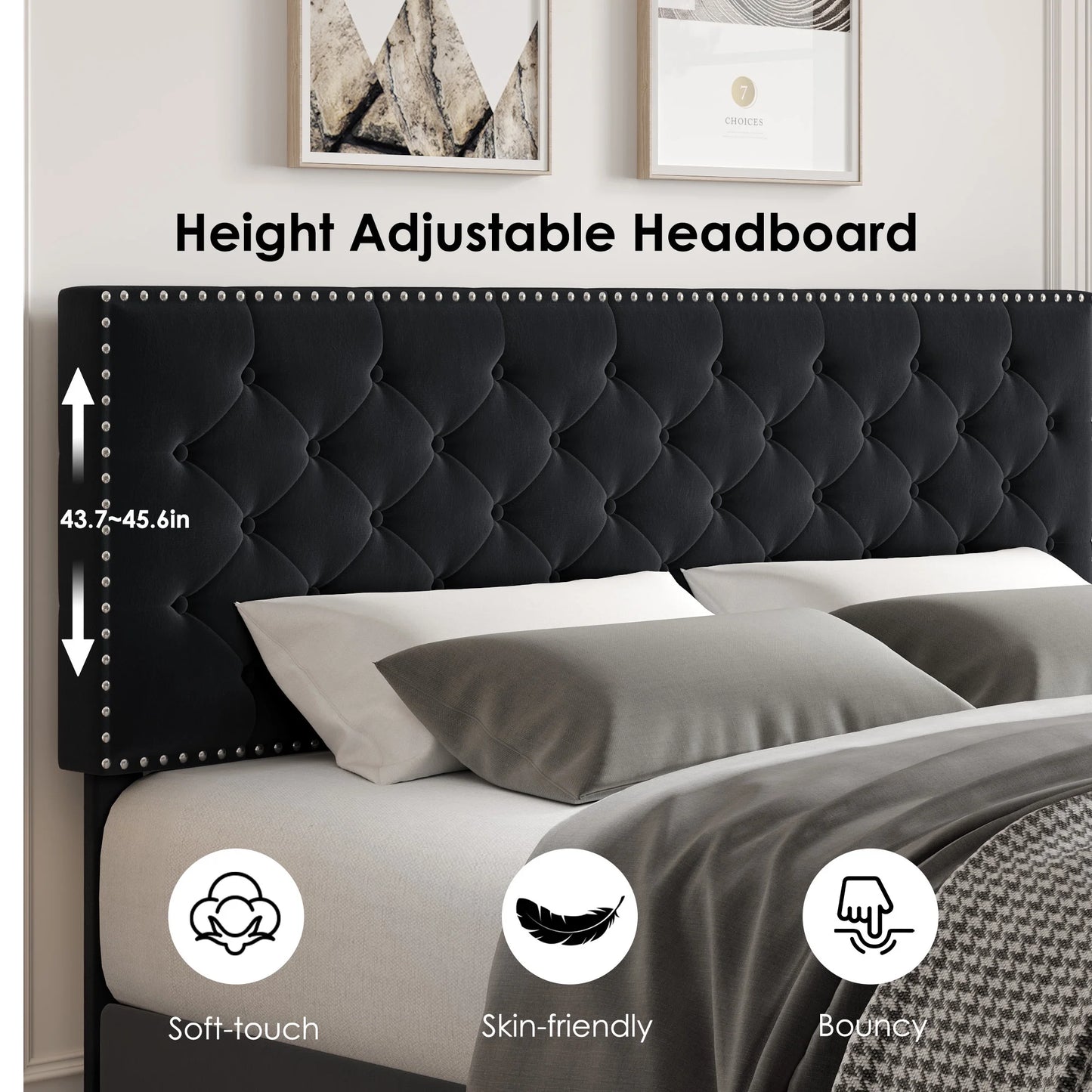 Queen Size Bed, Upholstered Bed Frame with Button Tufted Adjustable Headboard for Bedroom, Black