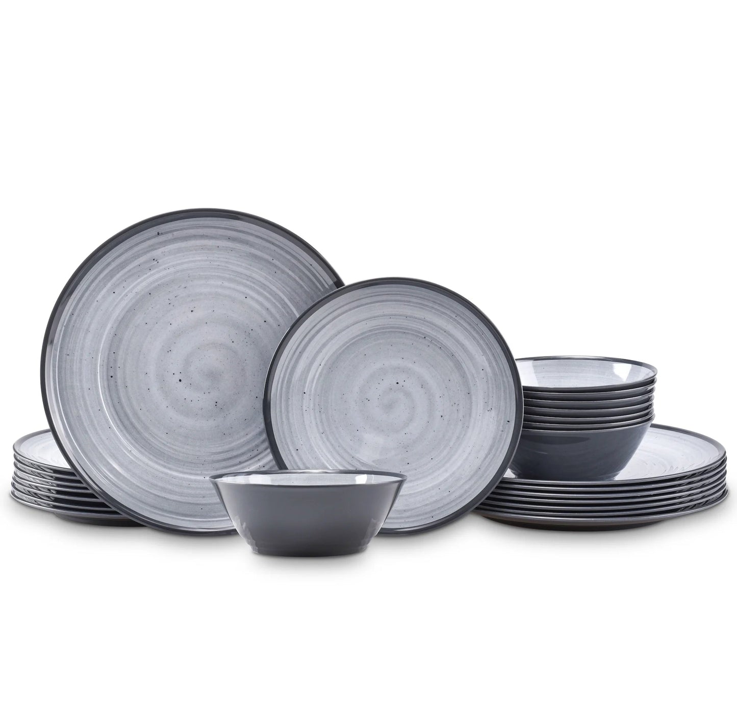 24PCS swirl cool gray melamine dinnerware sets for 8, picnic plates and salad bowls.