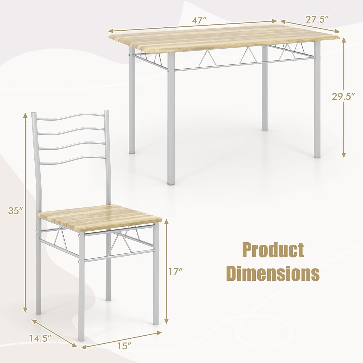 Dining Table Set for 4, 5-Piece Kitchen Table Chairs Set of 4, Breakfast Nook with Kitchen Table, 4 Dining Chairs, Metal Frame, Space-Saving Dinette Table Set for 4, Small Space (Natural)
