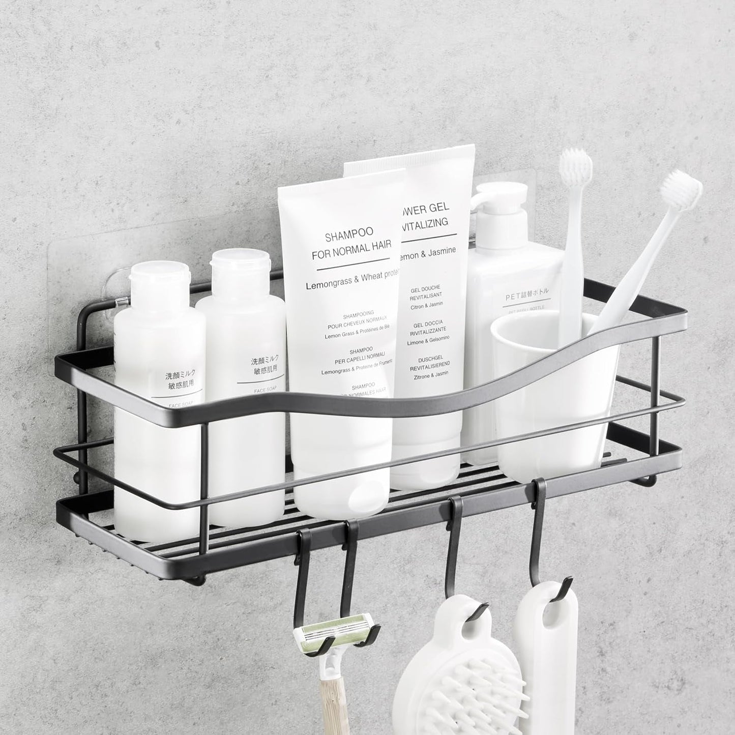 Black rustproof stainless steel shower caddy with hooks, adhesive installation for inside shower accessories storage.