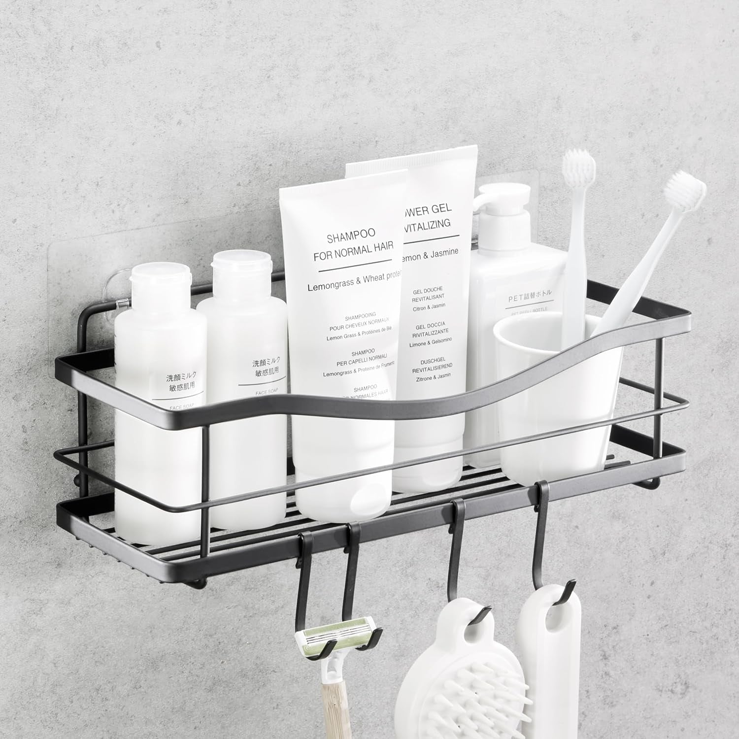 Black rustproof stainless steel shower caddy with hooks, adhesive installation for inside shower accessories storage.