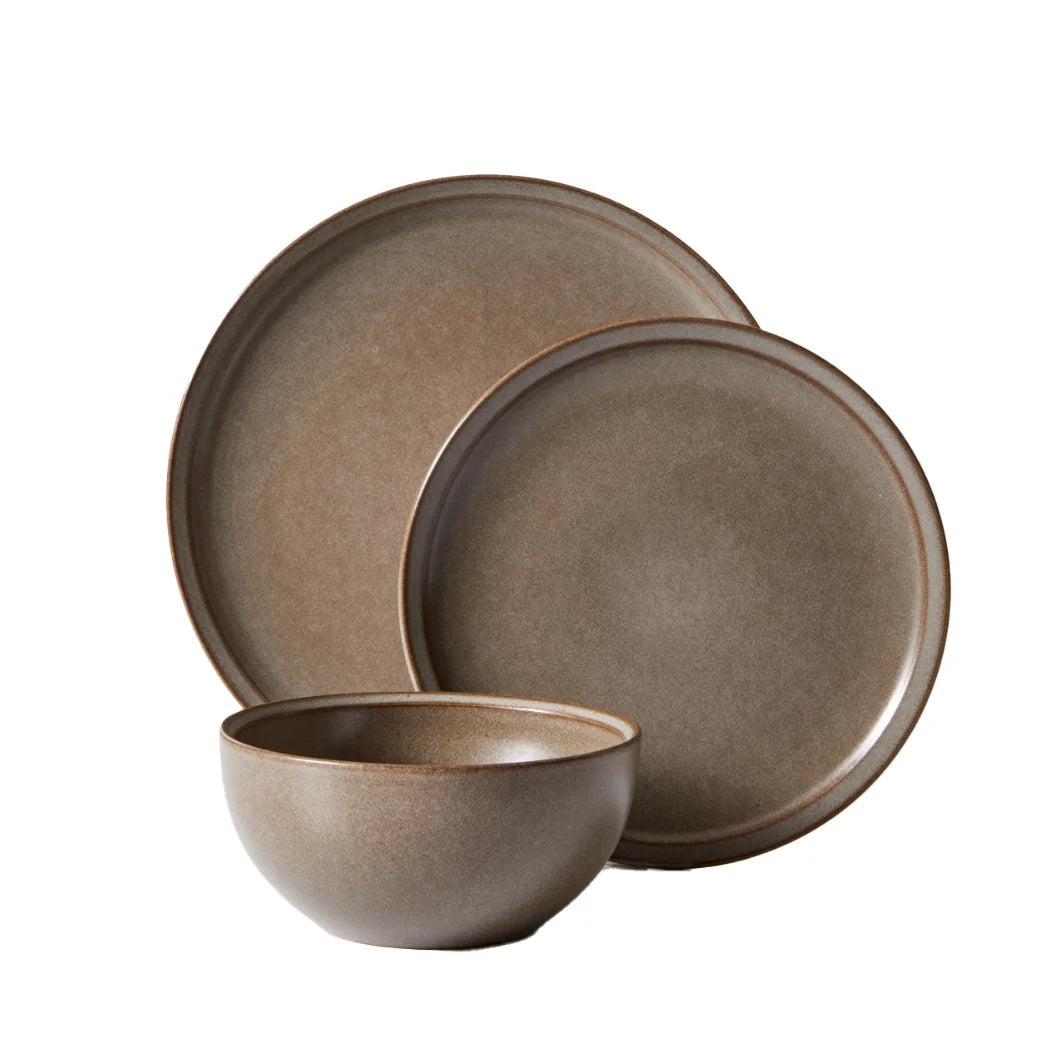 Better Homes and Gardens Banks Brown 12-piece stoneware dinnerware set with reactive glaze finish.