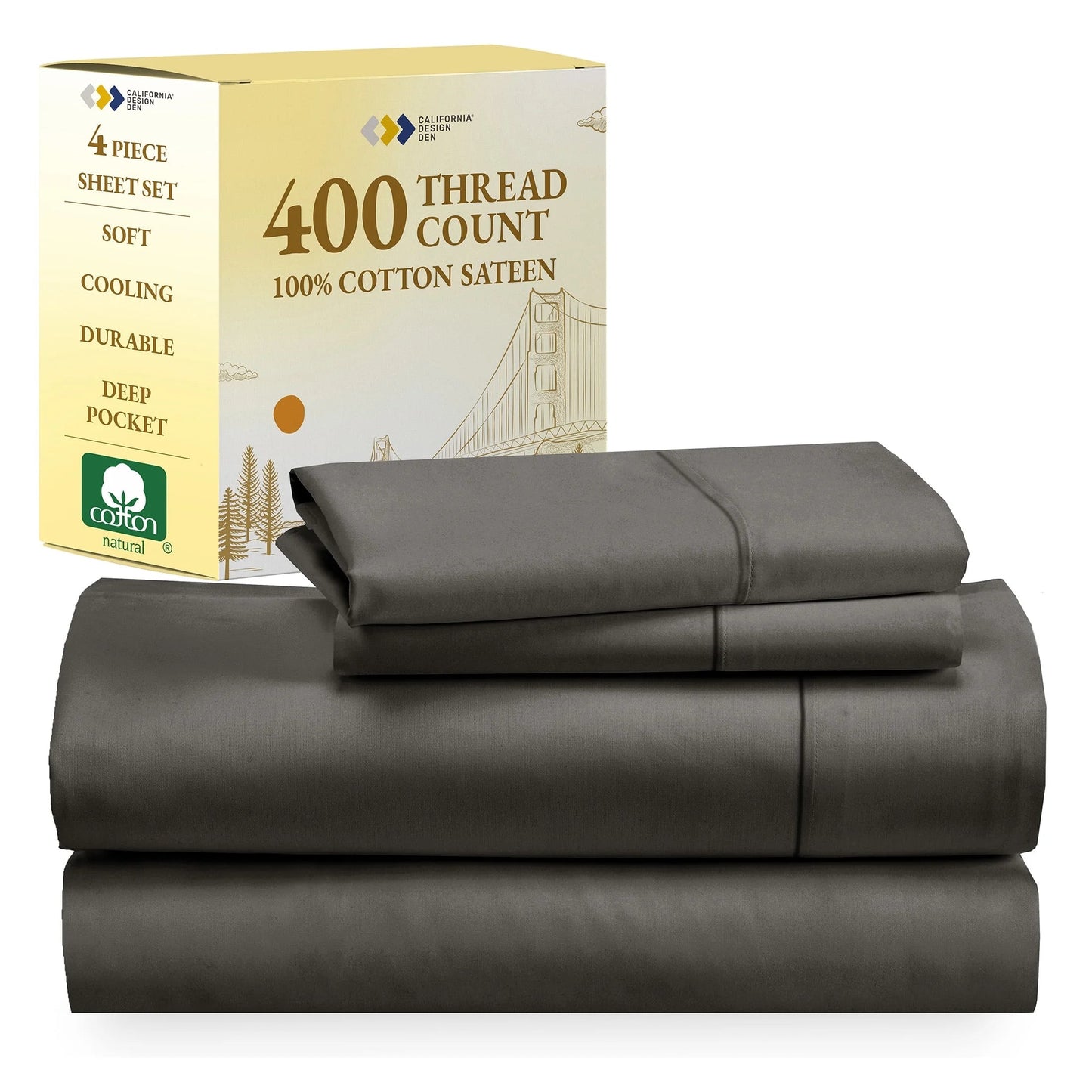 King size sheet set with 400 thread count, 100% cotton, sateen deep pocket, in gray, displayed with packaging.