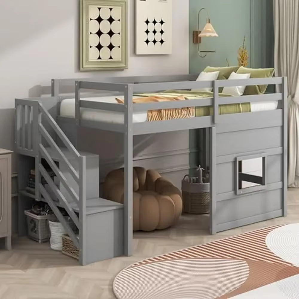 Twin low loft bed with stairs, storage, safety guard rails, shelves, and movable desk in modern gray pinewood design.