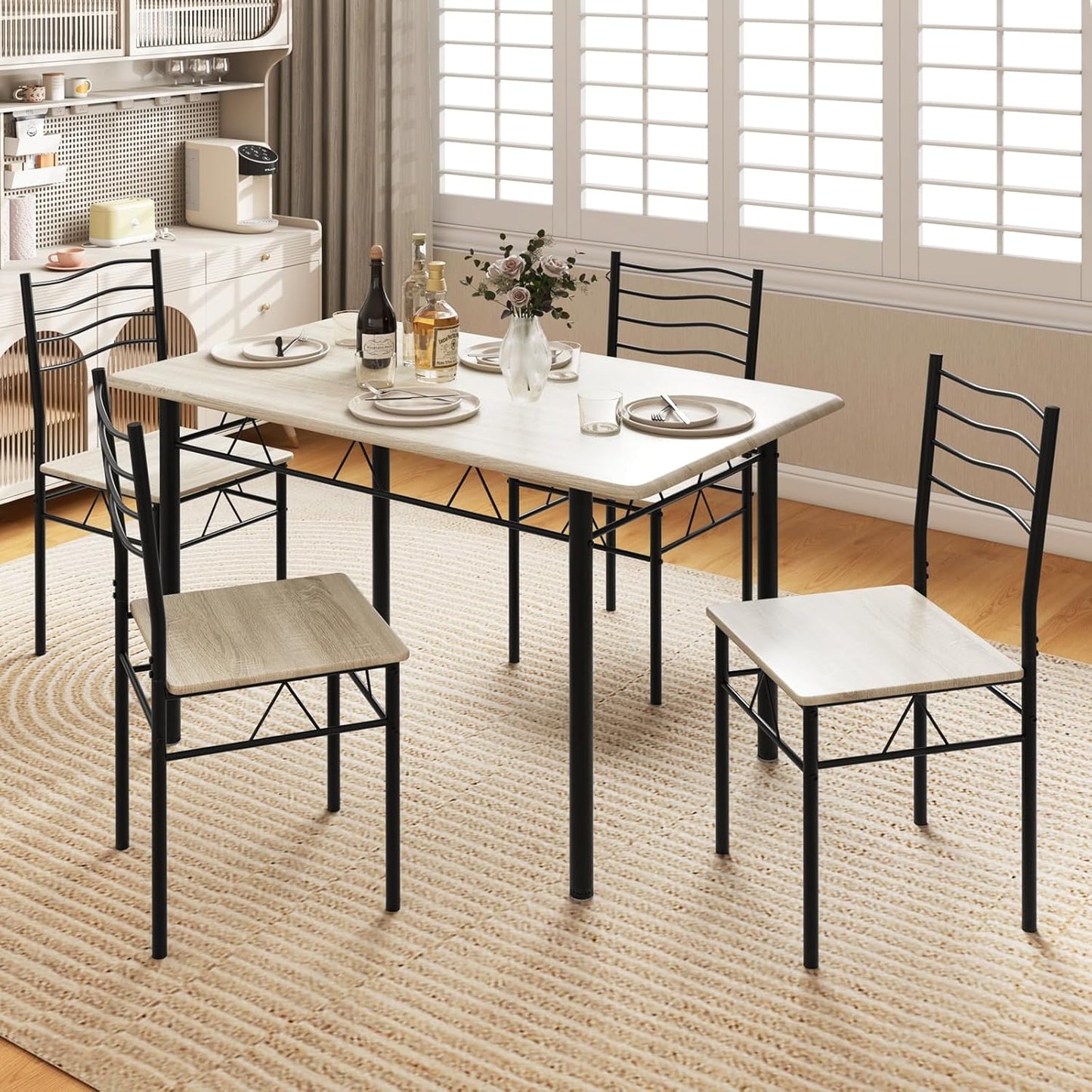 Dining Table Set for 4, 5-Piece Kitchen Table Chairs Set of 4, Breakfast Nook with Kitchen Table, 4 Dining Chairs, Metal Frame, Space-Saving Dinette Table Set for 4, Small Space, Apartment