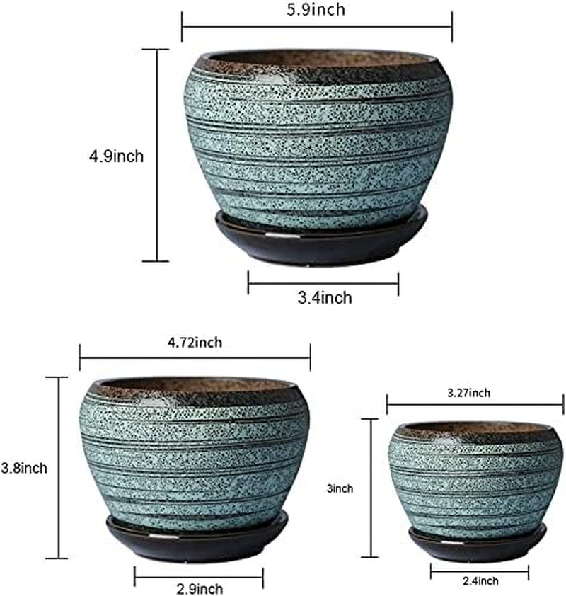 Blue Flower Pots round Ceramic Succulent Herbs Planters Small to Medium Sized with Connected Saucers for Home Balcony Office Set of 3 Indoor Outdoor