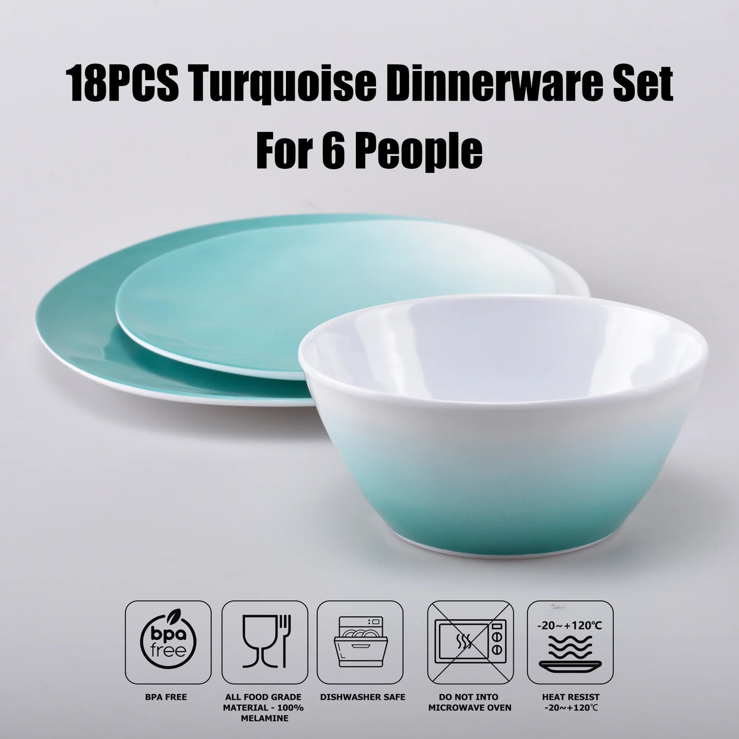 18-Piece Teal Turquoise Ombre Melamine Dinnerware Sets for 6,Outdoor Plates and Bowls Sets