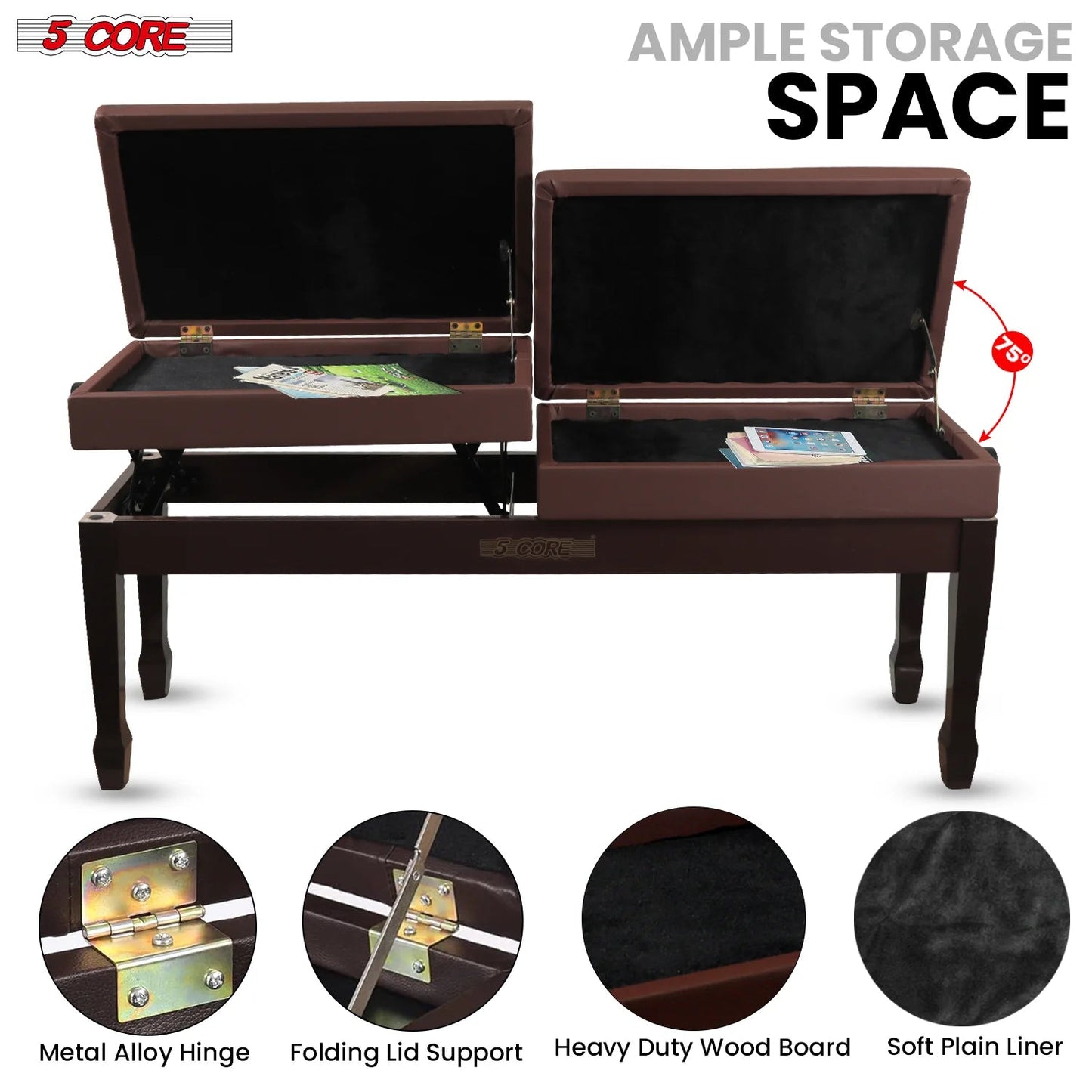 Wooden Adjustable Duet Piano Bench with Storage for Two