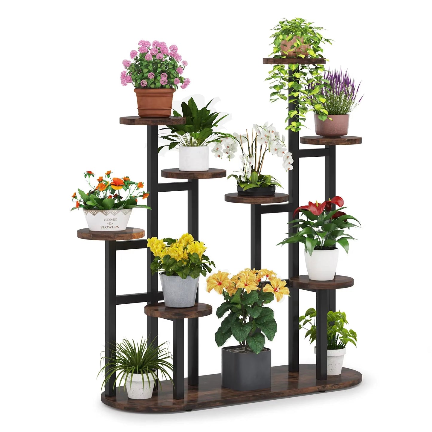 Plant Stand Multi-Tiered 11 Potted Flower Shelf with metal and wood finish displaying various plants.
