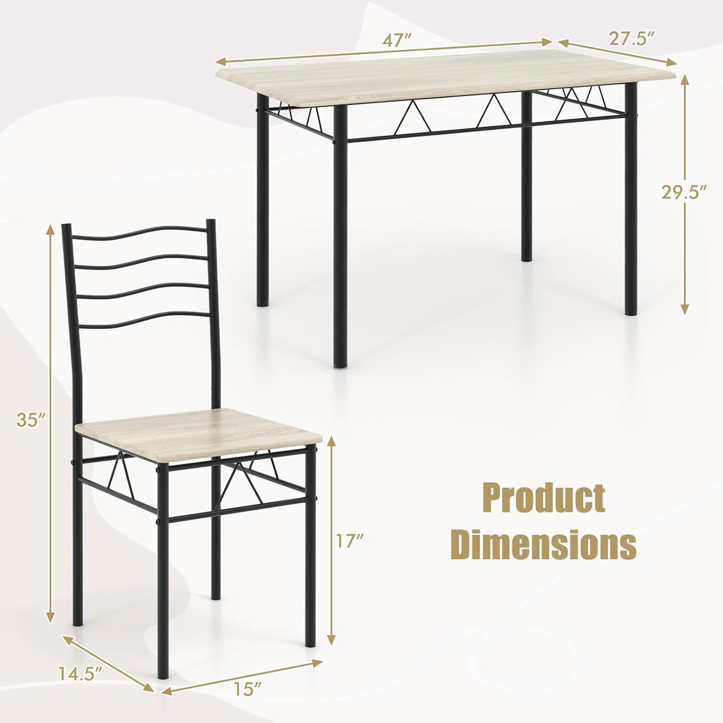 Dining Table Set for 4, 5-Piece Kitchen Table Chairs Set of 4, Breakfast Nook with Kitchen Table, 4 Dining Chairs, Metal Frame, Space-Saving Dinette Table Set for 4, Small Space, Apartment