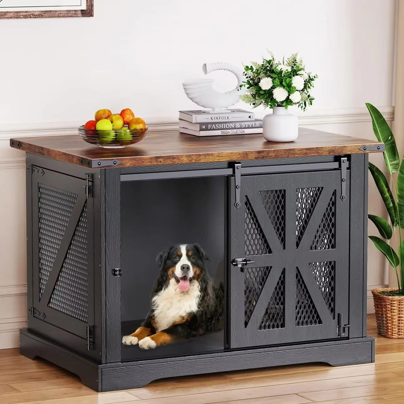 Heavy duty industrial crate table furniture for large dogs with chew-resistant steel mesh design.