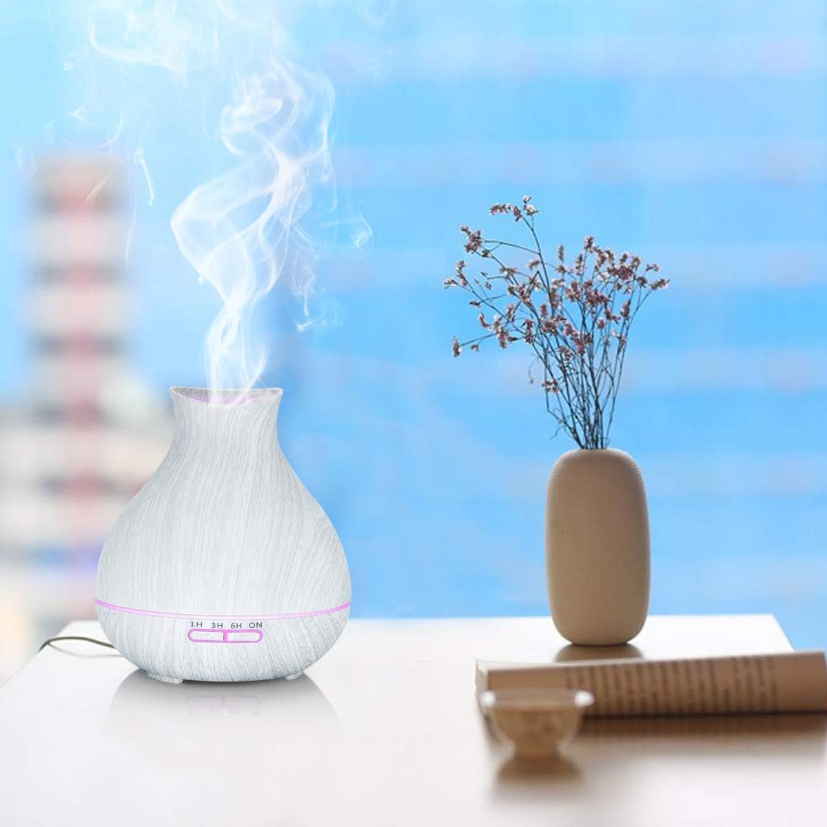 Aromatherapy Essential Oil Diffuser 550Ml 12 Hours White Wood Grain Aroma Diffuser with Timer for Large Room, Home, Baby Bedroom, Waterless Auto Shut-Off, 7 Colors Lights Changing