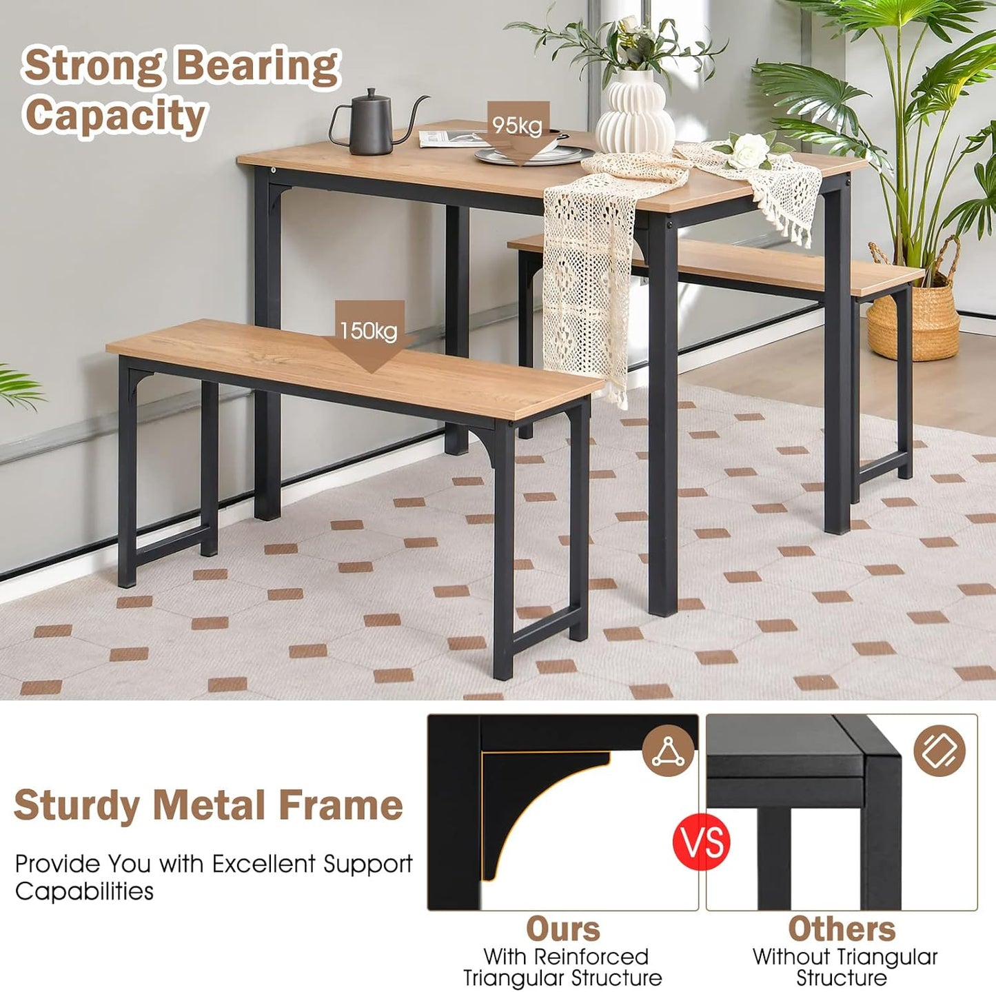 3 PCS Dining Table Set for 4, Rectangular Kitchen Table with 2 Benches, Industrial Counter Height Table Set with Anti-Slip Pads, Heavy Duty Steel Frame for Dining Room, Kitchen, Bar (Natural)