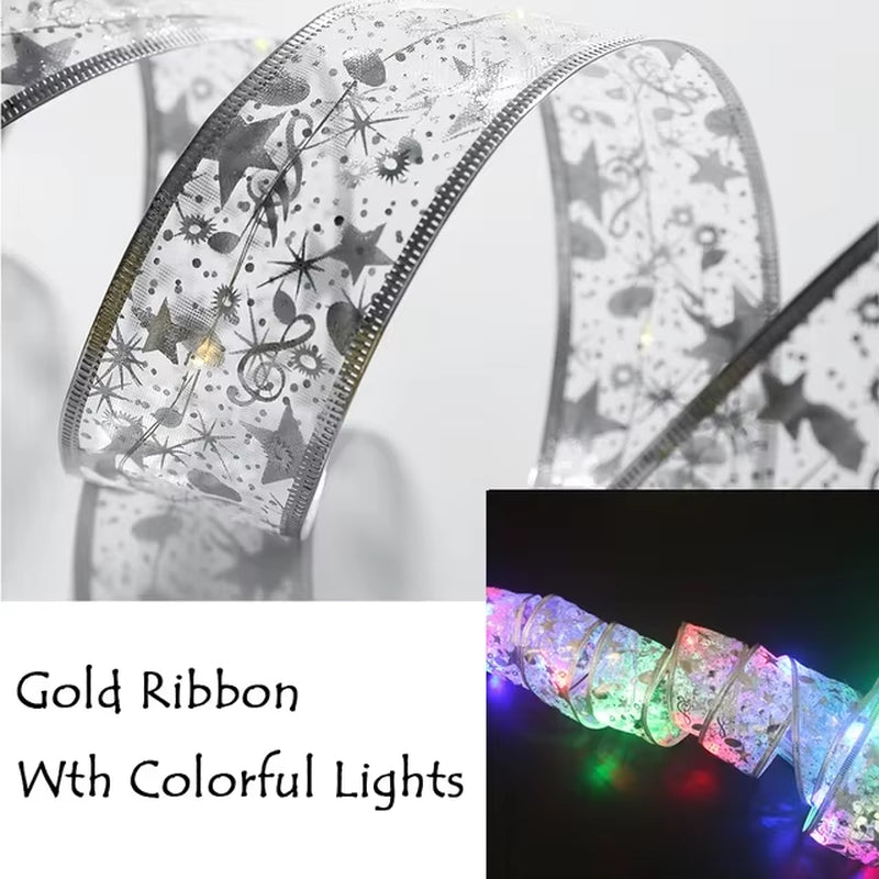 Christmas decoration LED ribbon lights with colorful lace bows for tree ornaments and home decor.
