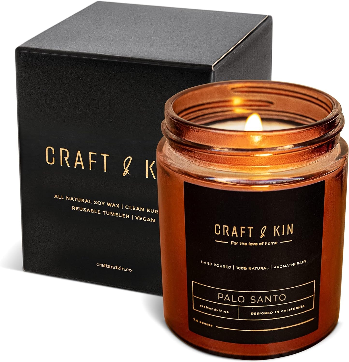 Palo Santo all-natural soy candle in amber jar with elegant packaging, ideal for rustic home decor and aromatherapy.
