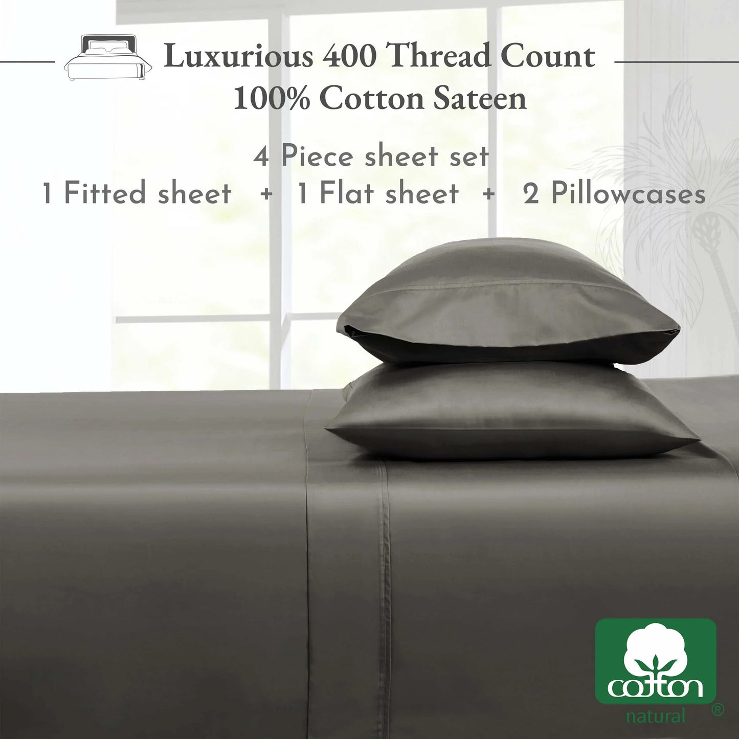King Sheet Sets - 400 Thread Count 100% Cotton King Size Sheets, Sateen Deep Pocket Bedding Sheets, Cooling and Breathable 4 Piece Gray Bed Sheet Set - Grey
