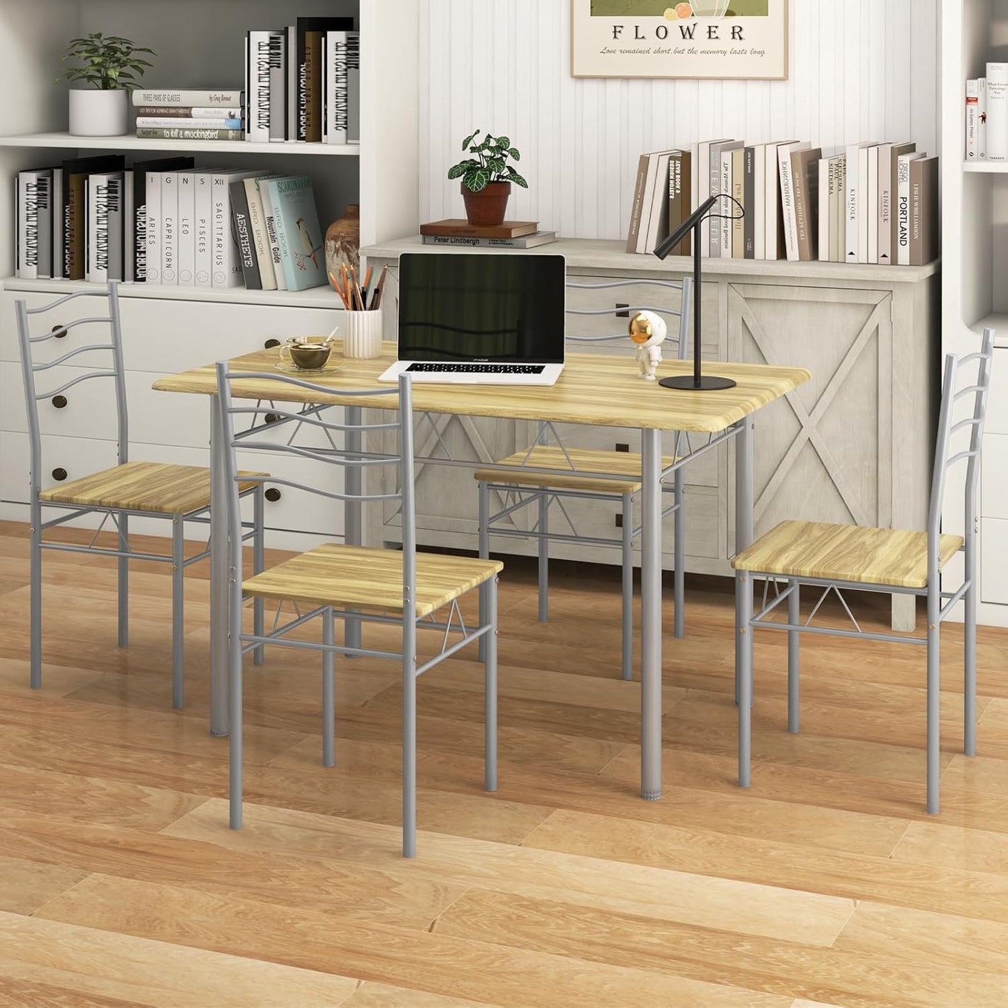 Dining Table Set for 4, 5-Piece Kitchen Table Chairs Set of 4, Breakfast Nook with Kitchen Table, 4 Dining Chairs, Metal Frame, Space-Saving Dinette Table Set for 4, Small Space (Natural)