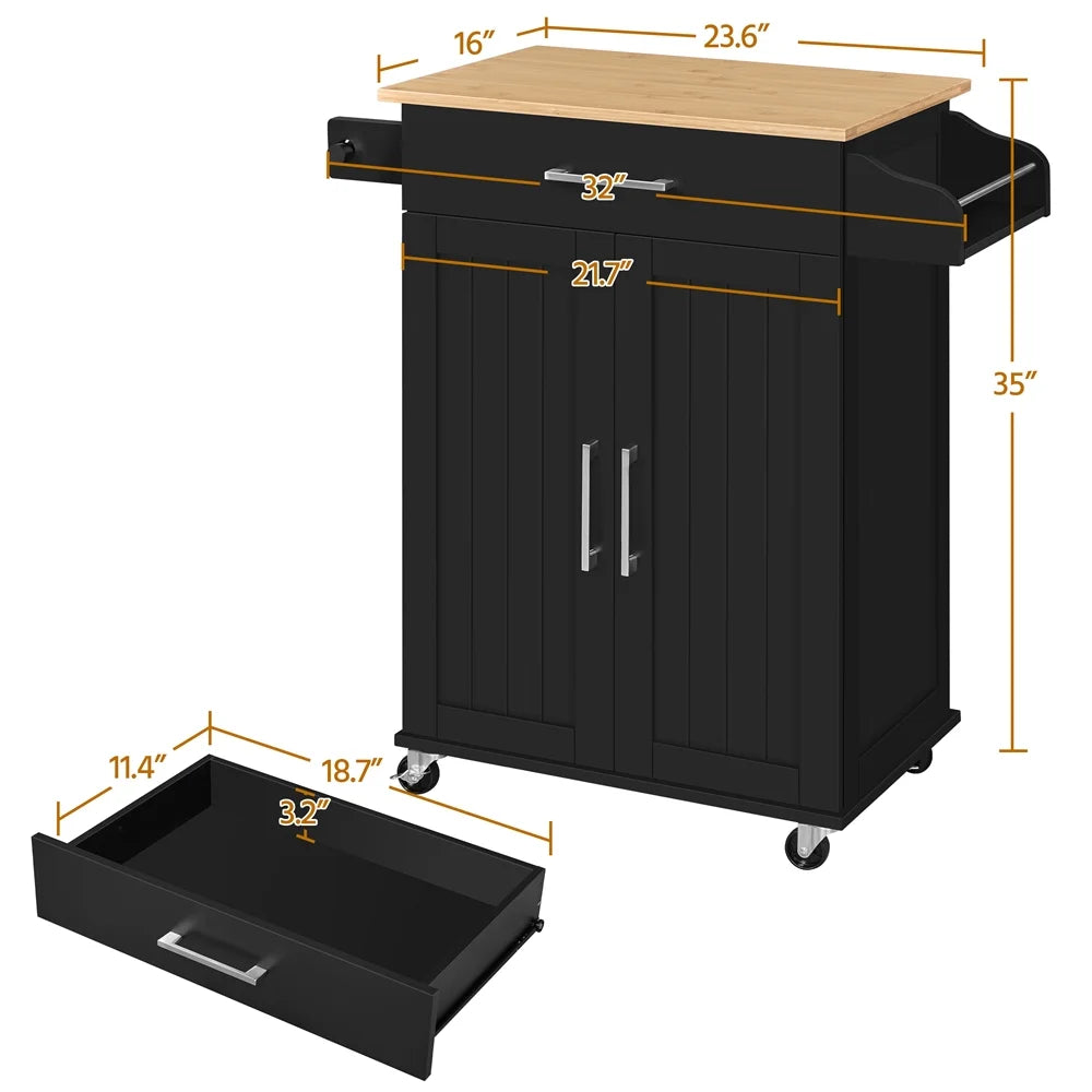 Rolling Kitchen Storage Carts with Towel Rack, MDF Black, 23.6 In
