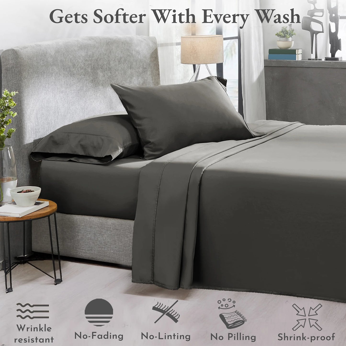 King Sheet Sets - 400 Thread Count 100% Cotton King Size Sheets, Sateen Deep Pocket Bedding Sheets, Cooling and Breathable 4 Piece Gray Bed Sheet Set - Grey