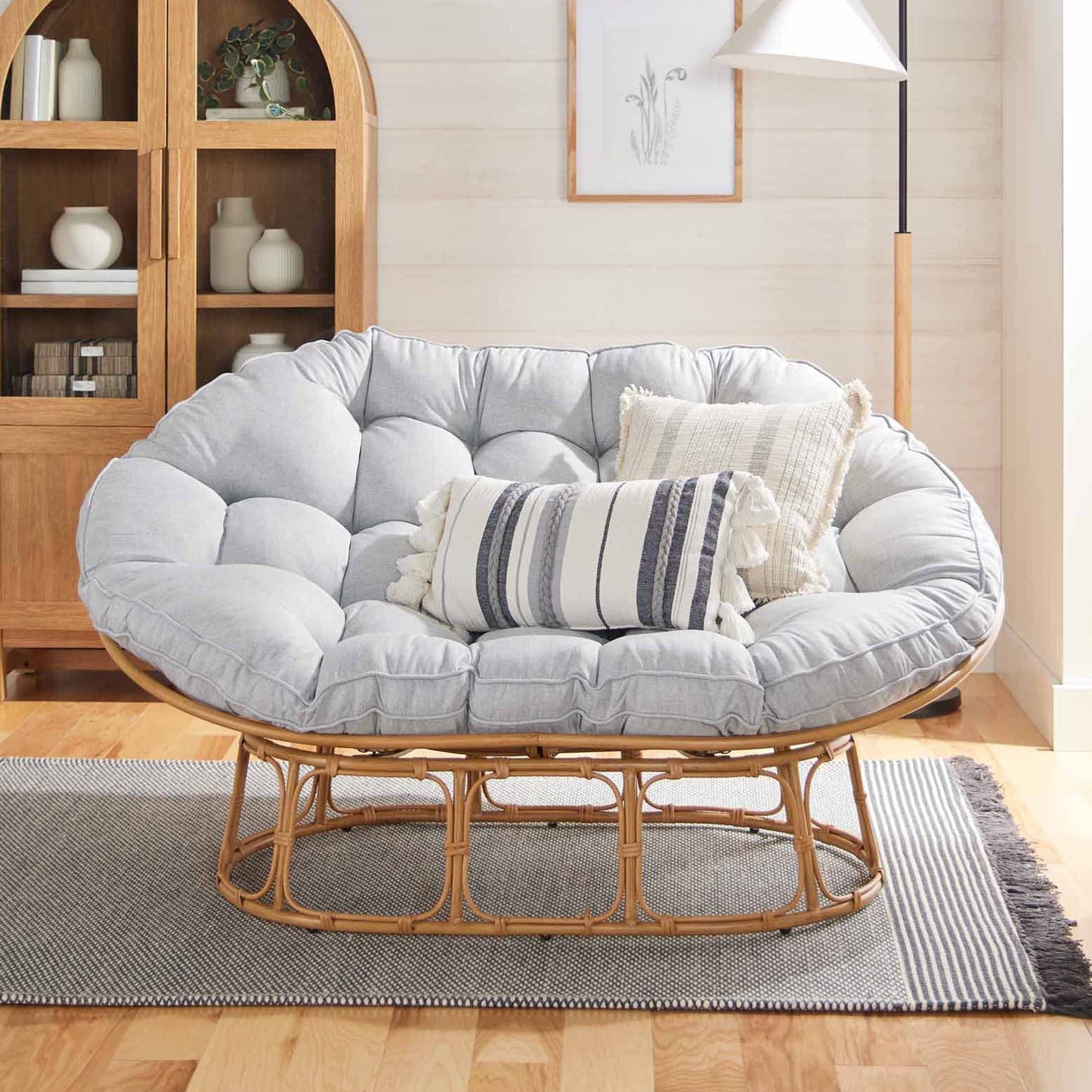 Double Papasan Chair in Grey Linen with Tufted Cushion and Faux Wicker Base.