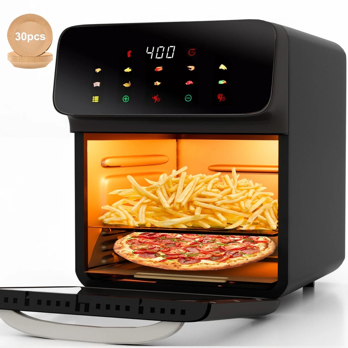 Air Fryer 12QT Convection Oven with visible window and touchscreen in gray.