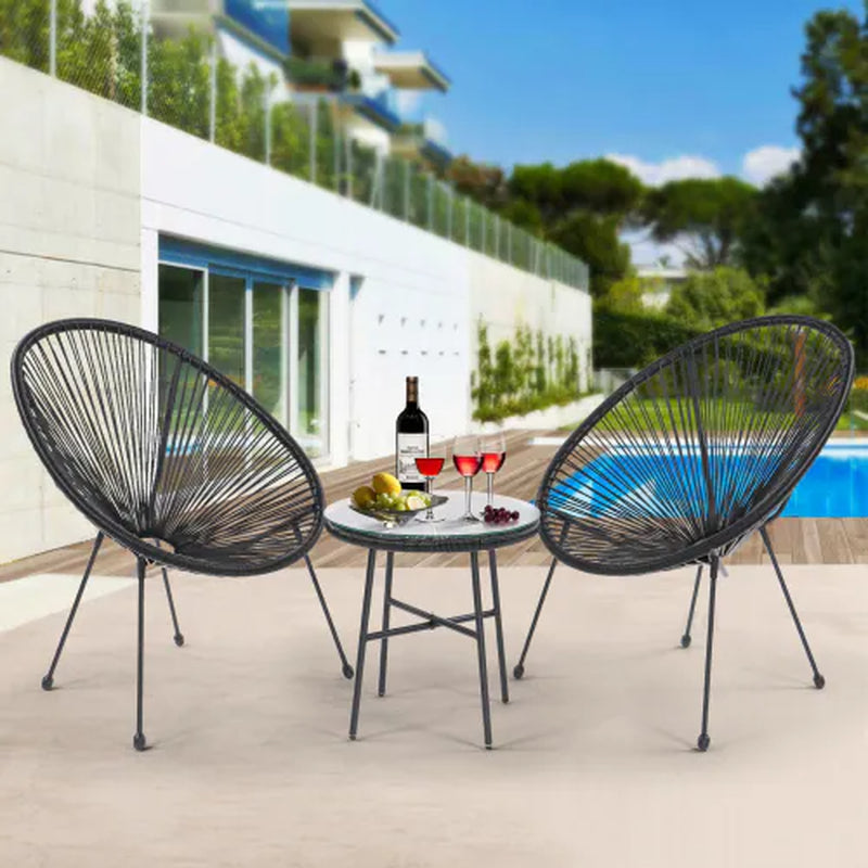3 Piece Terrace Bistro Conversation Set with Side Table by poolside, featuring black PE rattan chairs and a round tempered glass table.