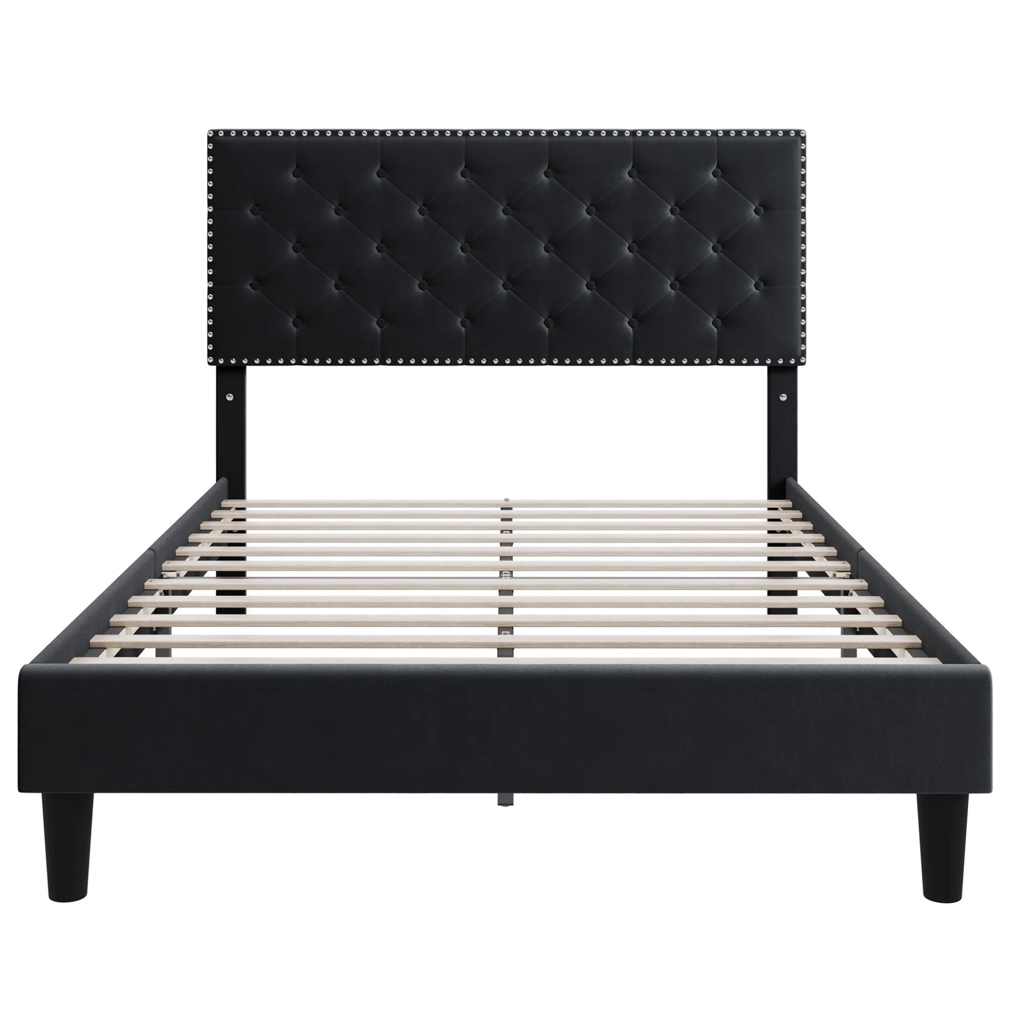 Queen Size Bed, Upholstered Bed Frame with Button Tufted Adjustable Headboard for Bedroom, Black