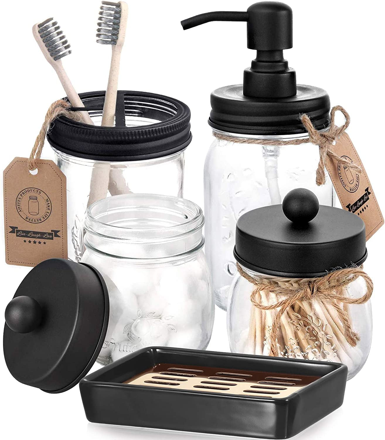 5 pcs Mason jar bathroom accessories set in rustic farmhouse style, black.