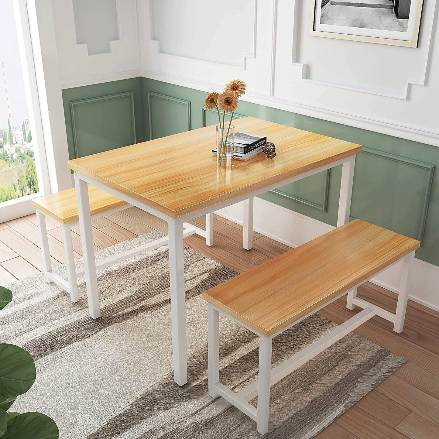 Dining room table set with 2 benches, modern beige wood and metal design, ideal for home and kitchen.