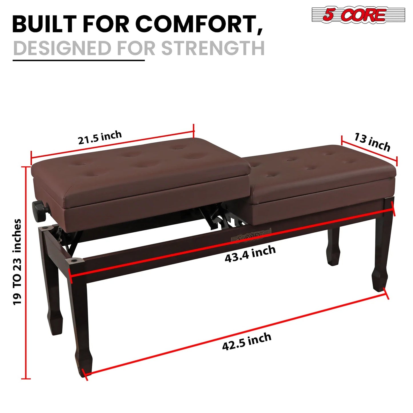 Wooden Adjustable Duet Piano Bench with Storage for Two