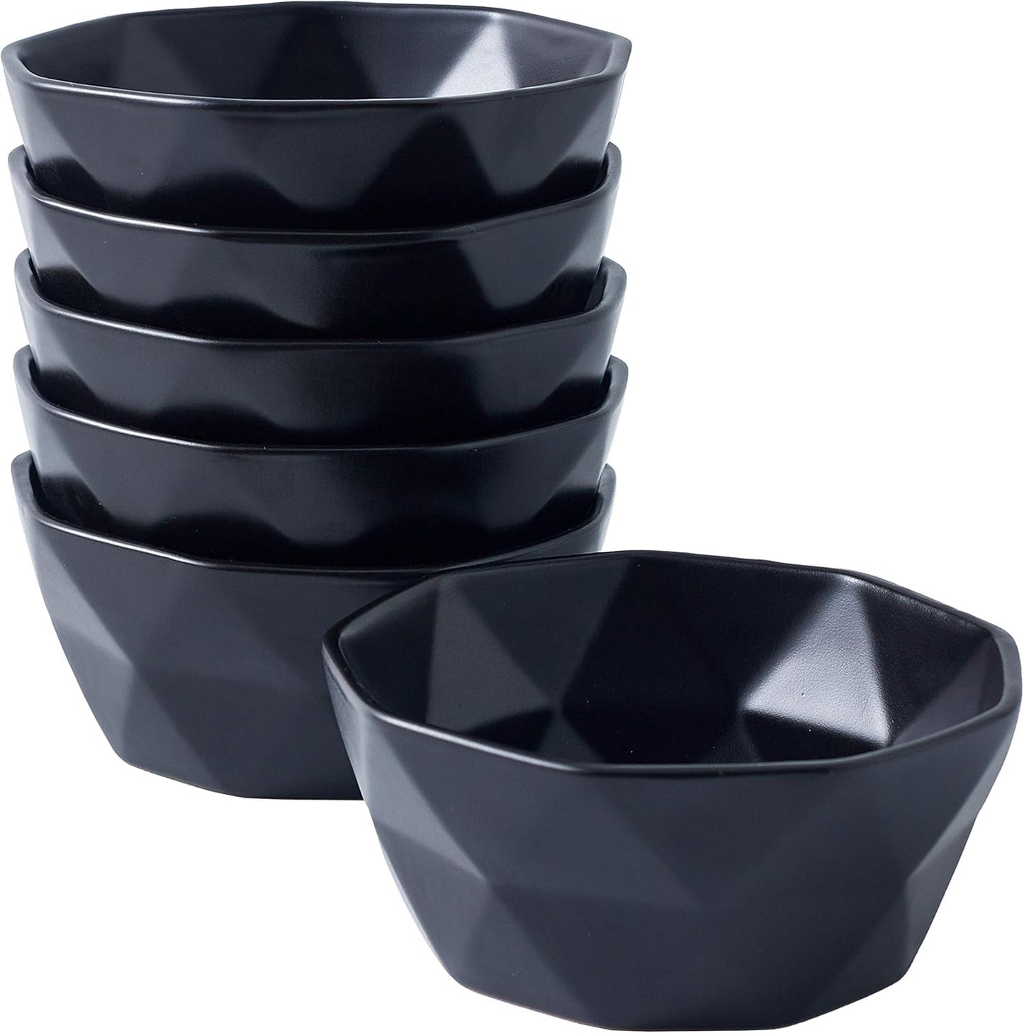 Black geometric ceramic bowls for baking and serving soups, salads, pasta, and desserts; oven safe with matte finish.