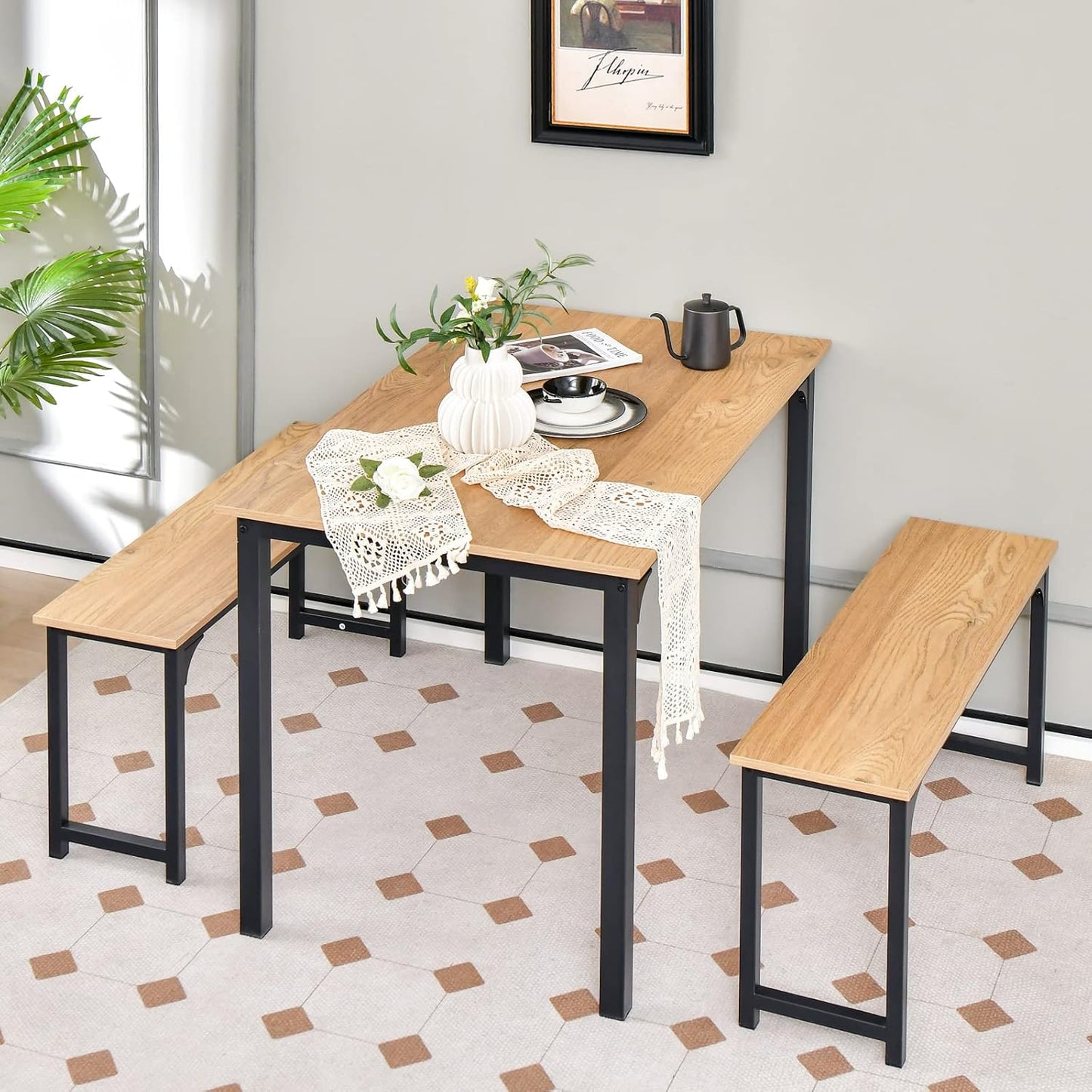 3 PCS Dining Table Set for 4, Rectangular Kitchen Table with 2 Benches, Industrial Counter Height Table Set with Anti-Slip Pads, Heavy Duty Steel Frame for Dining Room, Kitchen, Bar (Natural)