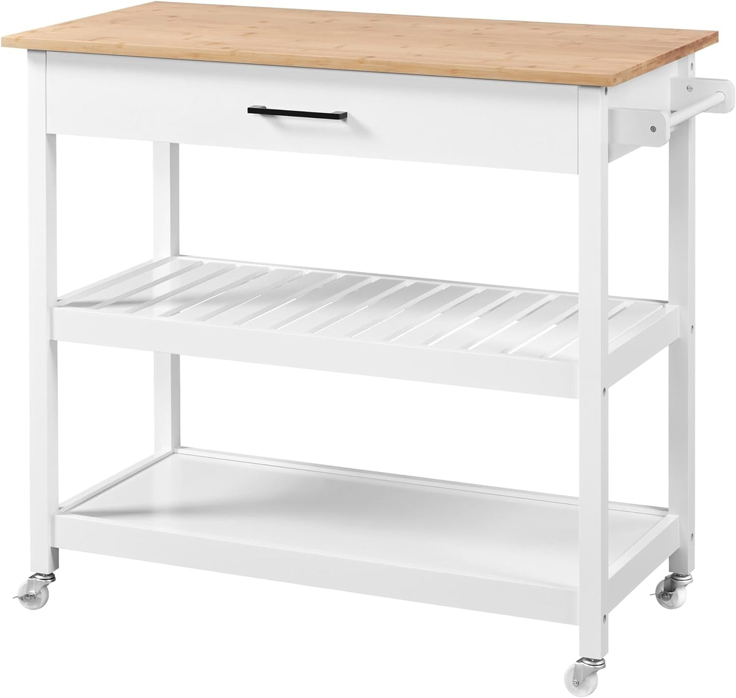 40" kitchen island cart with drawer, two storage shelves, bamboo top, white frame, rolling wheels.