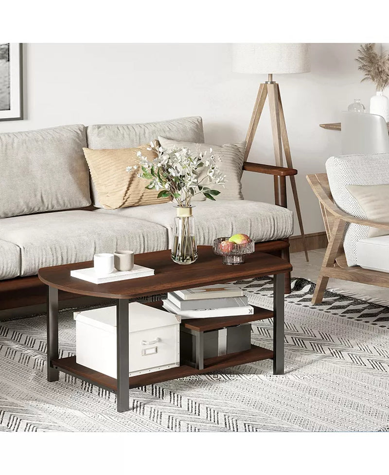 Vintage Industrial Coffee Table with Under-Top Storage Shelves and Rounded Corners, Dark Wood Color