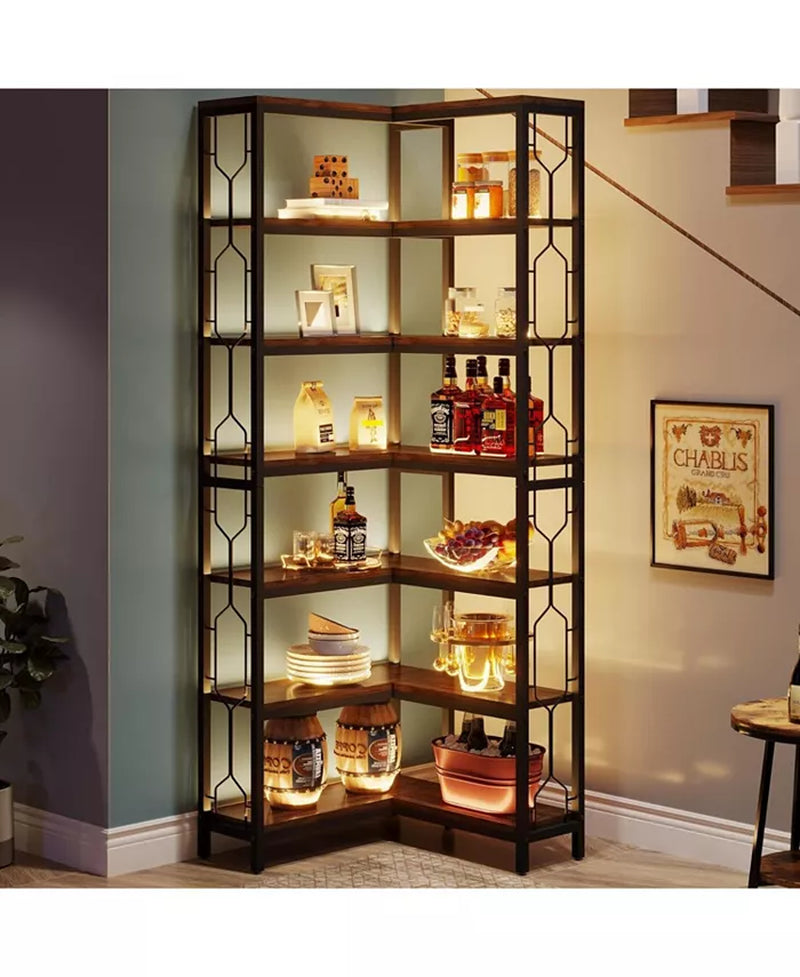 Corner Shelf, 7-Tier Industrial Corner Bookshelf, Wood and Metal Corner Etagere Bookcase, Freestanding Display Shelf for Living Room, Kitchen, Home Office