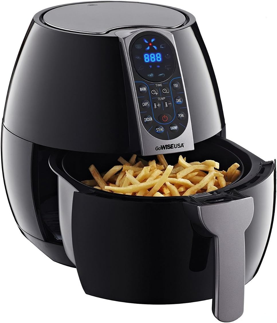 3.7-quart programmable air fryer with digital presets and fries.