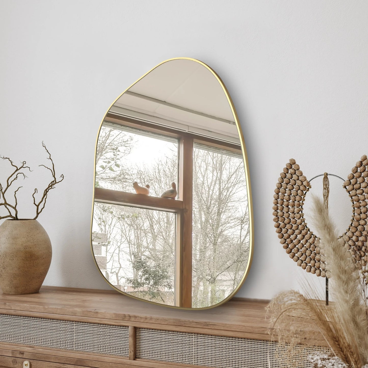 Irregular asymmetrical mirror with golden wood frame, 28"x20", ideal for bathroom, bedroom, or living room decor.