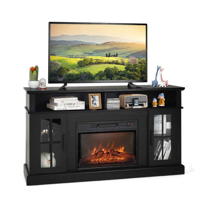 Fireplace TV stand with side cabinets and remote control for TVs up to 65 inches.