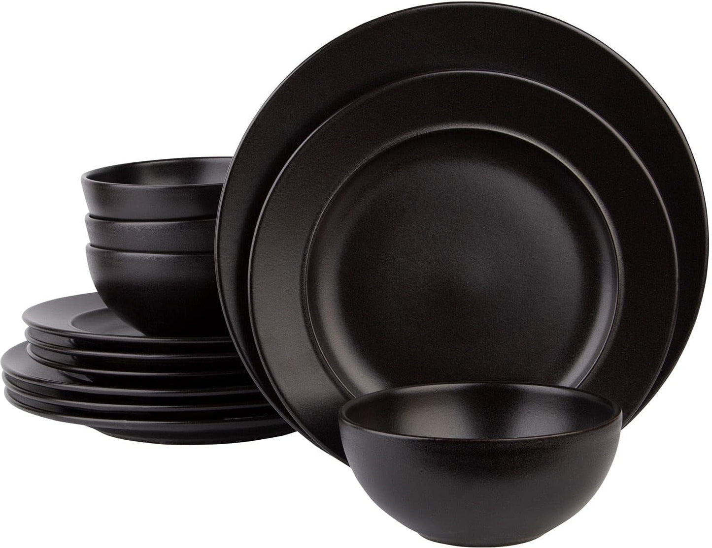12-piece black stoneware dinnerware set for 4, includes dinner plates, salad plates, and bowls, elegant and durable.