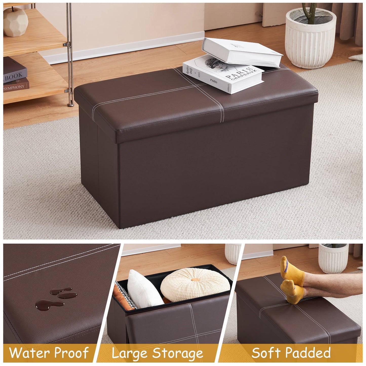 Folding Storage Ottoman Bench,Storage Chest Footrest Coffee Table Padded Seat,Footstool for Home Brown
