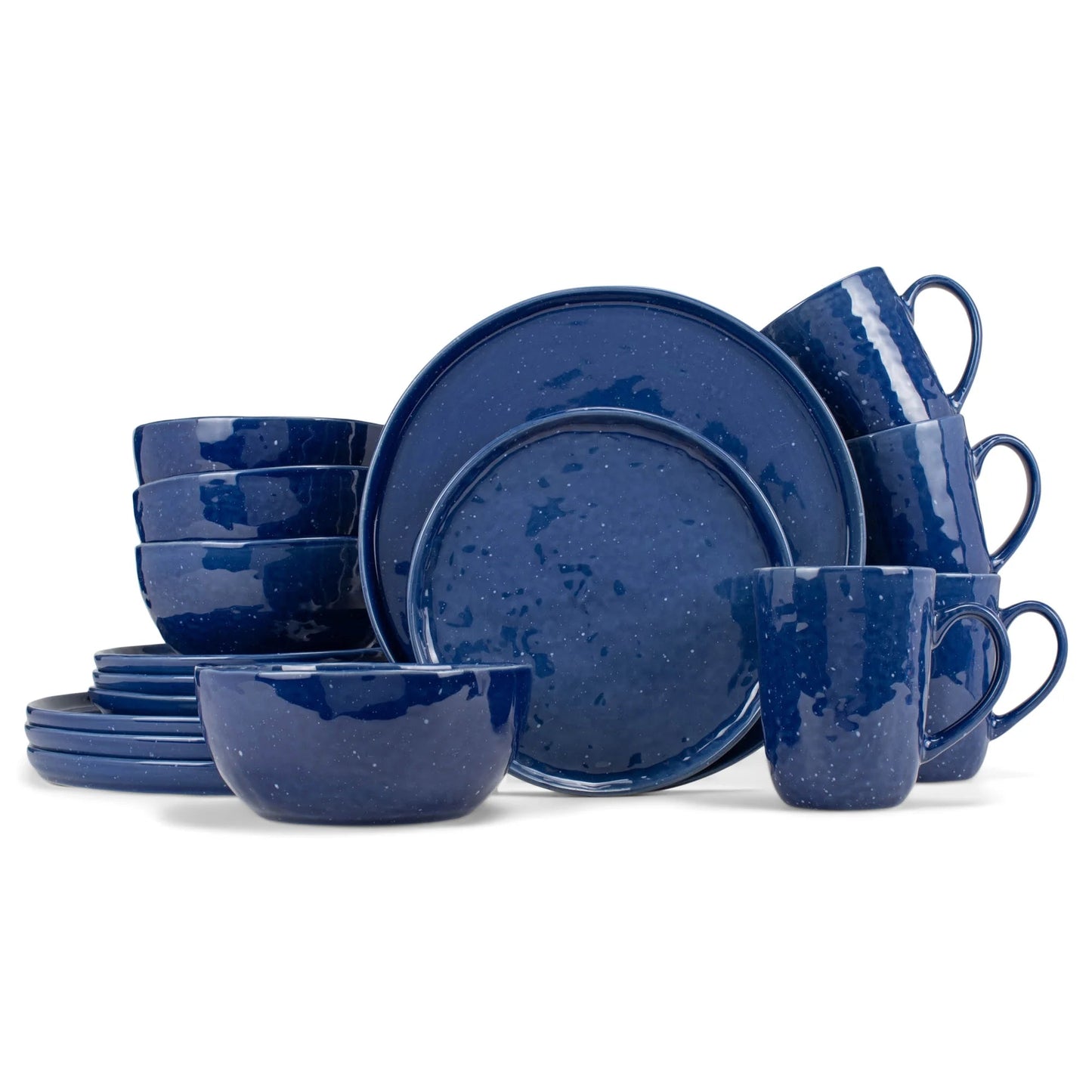 Shiny speckled ceramic dinnerware 16 piece set in blue, service for 4.