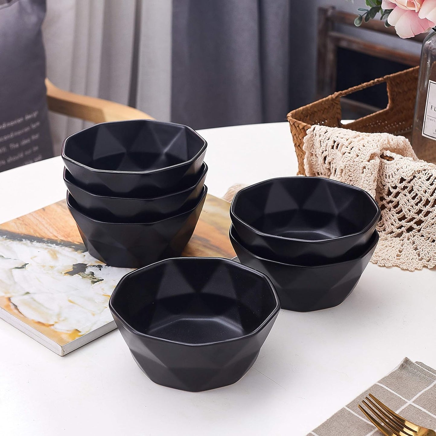 Geometric Ceramic Bowls - Oven to Table Bakeware Bowls - Elegant 60 Oz Matte Serving Bowls for Soup, Cereal, Salads, Pasta, Dessert & Snack Bowls - Oven Safe Bake and Serve Bowls (Black)
