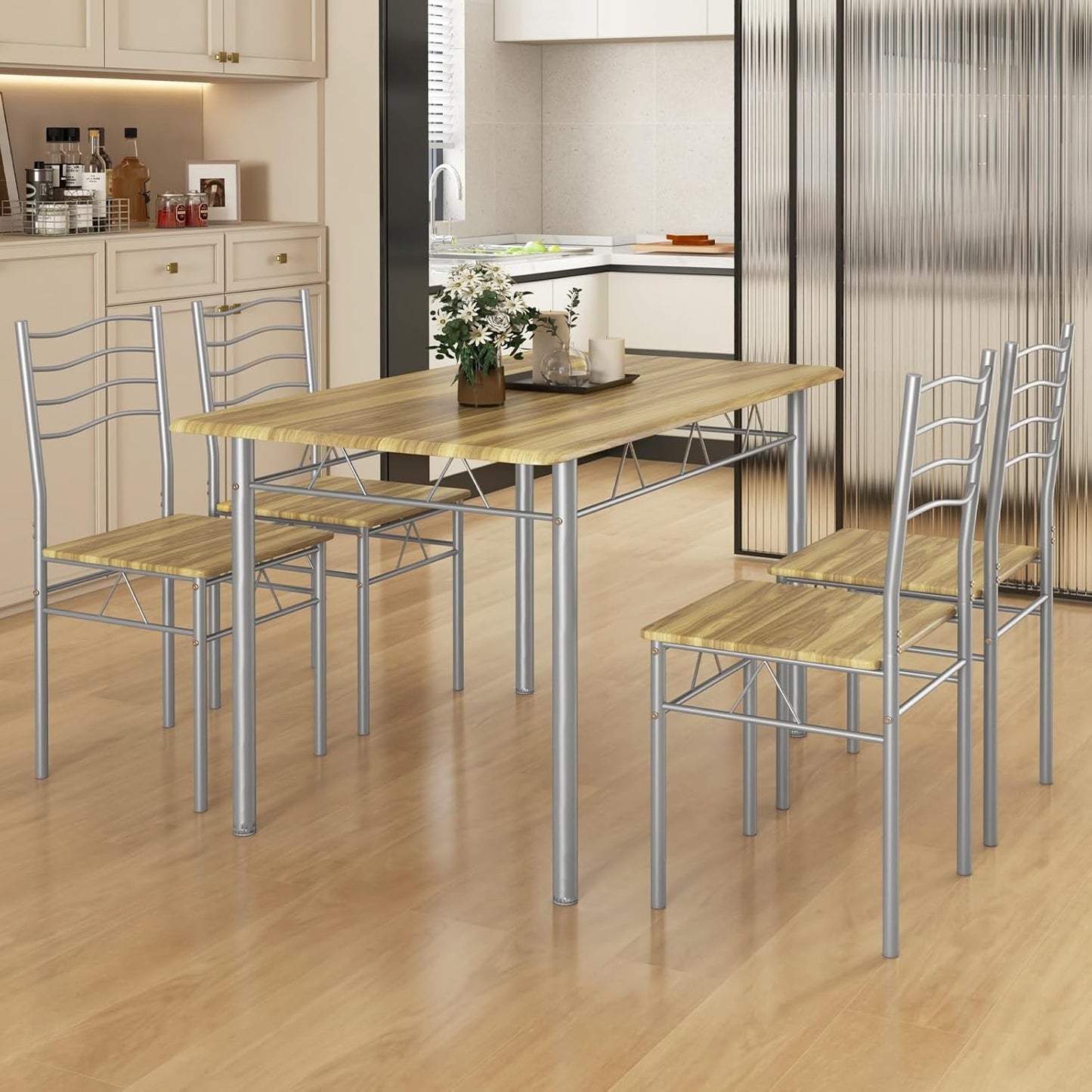 Dining Table Set for 4, 5-Piece Kitchen Table Chairs Set of 4, Breakfast Nook with Kitchen Table, 4 Dining Chairs, Metal Frame, Space-Saving Dinette Table Set for 4, Small Space (Natural)