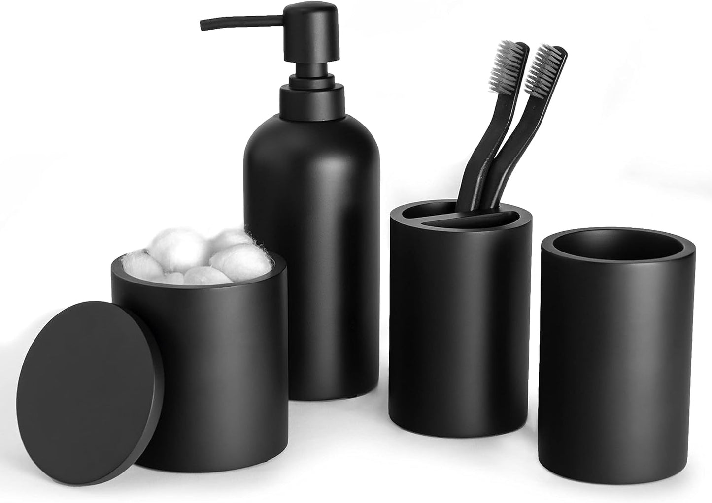 Matte black bathroom accessories set with soap dispenser, toothbrush holder, tumbler, and qtip holder.